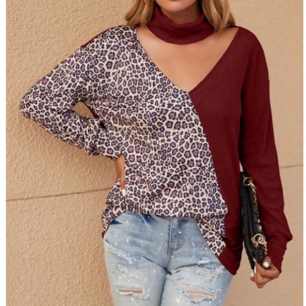 ZOWODO - Wine Leopard Color Block Choker-Strap Top - Women - NWOT